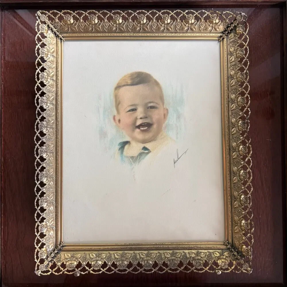 Vintage Signed Baby Portrait Drawing in Gold Tone Rose Filigree Frame